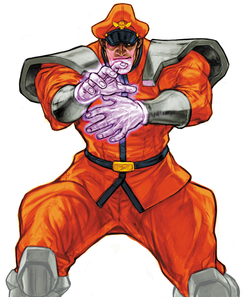 1boy belt capcom capcom_vs_snk_2 energy facing_viewer game_cg hat highres knee_pads m._bison male_focus muscular muscular_male nishimura_kinu non-web_source official_art peaked_cap shoulder_pads solo street_fighter veins veiny_hands white_background