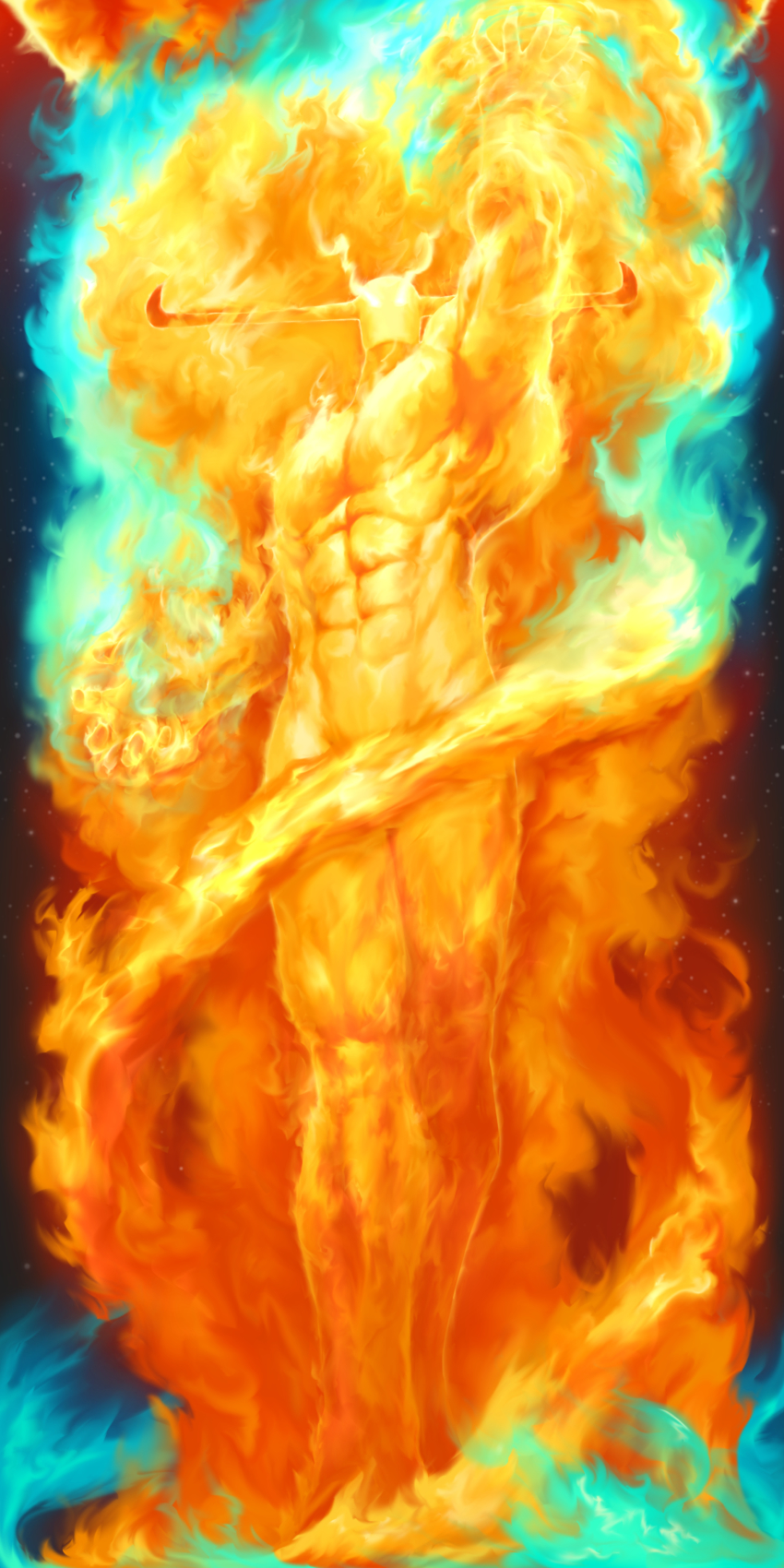 abs absurdres alien arm_up armpits aura capcom convenient_censoring creature elemental_(creature) energy energy_being fire fire_censor fire_elemental fire flaming_eyes full_body glowing glowing_eyes highres horns monster monster_boy muscular muscular_male nude plasma pyron rampage_(leedash2) solo darkstalkers