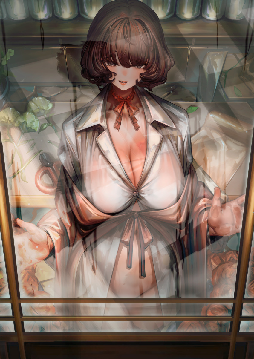 1girl absurdres against_window blush bottomless breasts brown_hair cleavage collarbone commentary_request convenient_censoring cowboy_shot dot_nose grey_eyes groin hair_between_eyes highres large_breasts looking_at_viewer medium_hair midriff navel neckerchief no_panties original parted_lips partially_undressed red_neckerchief robe see-through_clothes smile soleil_(soleilmtfbwy03) solo teeth thighs white_robe window