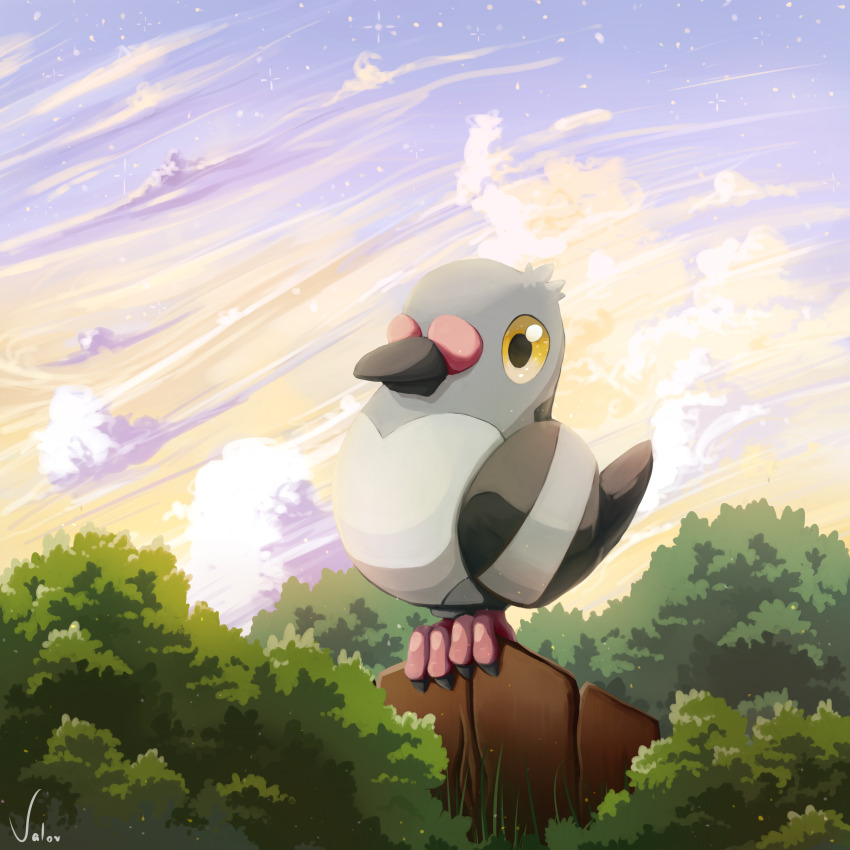 absurdres animal_focus artist_name bird bluvalorart closed_mouth cloud commentary day english_commentary fence full_body gen_5_pokemon highres looking_ahead nintendo no_humans on_fence outdoors perching pidove pigeon pokemon pokemon_(creature) solo tree wooden_fence yellow_eyes