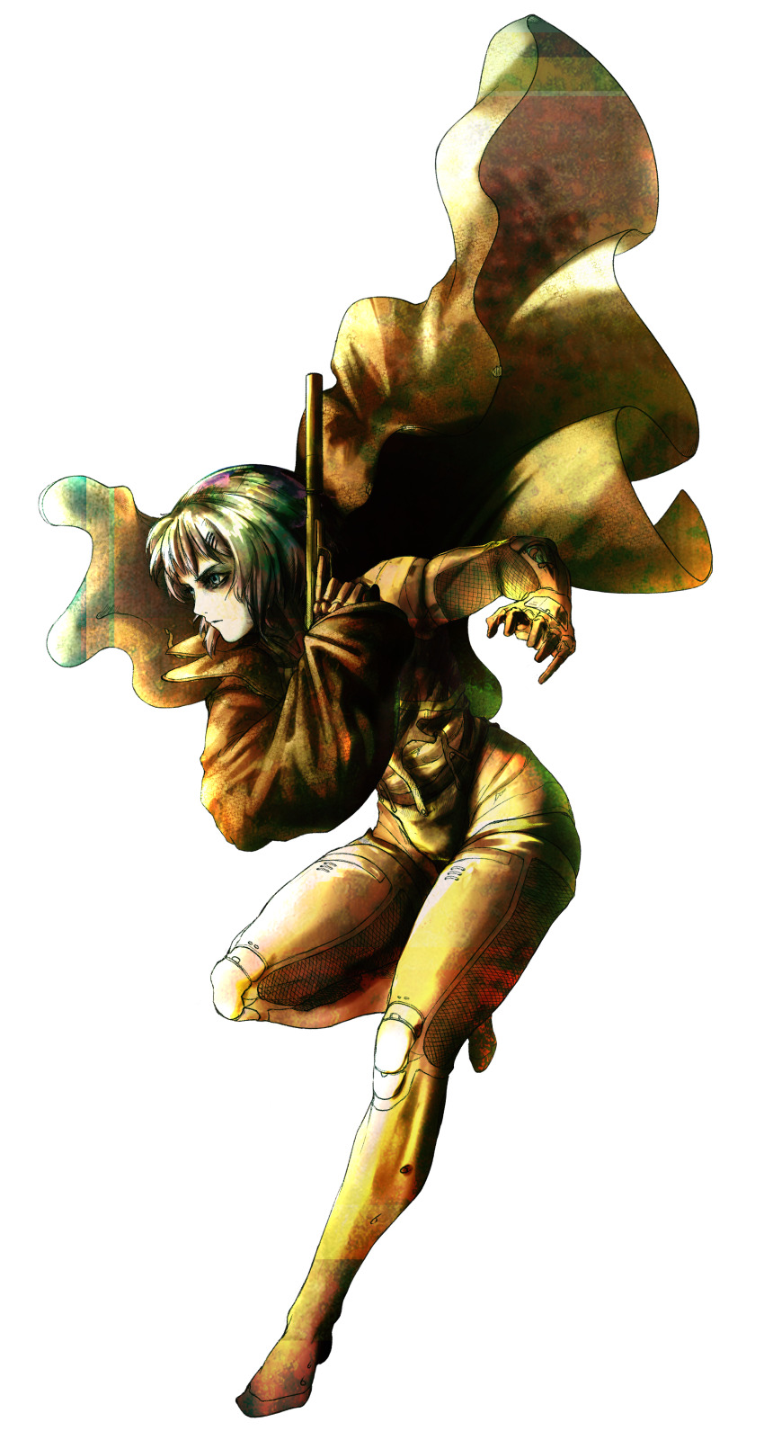 1girl absurdres analogous_colors android aqua_eyes arm_across_chest arm_up bags_under_eyes bilingual_commentary bodysuit bodysuit_under_clothes cloak colored_shadow commentary english_commentary falling floating_cape frayed_clothes full_body glitch green_hair gun hair_ornament hairclip handgun highres holding holding_gun holding_weapon knee_up leaning_forward looking_ahead marie_(peripeteia) mechanical_arms mechanical_legs mixed-language_commentary official_art outstretched_leg peripeteia plantar_flexion pygmy_kun serious shadow short_hair sidelighting solo spanish_commentary stechkin_aps suppressor three_quarter_view transparent_background trigger_discipline turning_head weapon yellow_theme