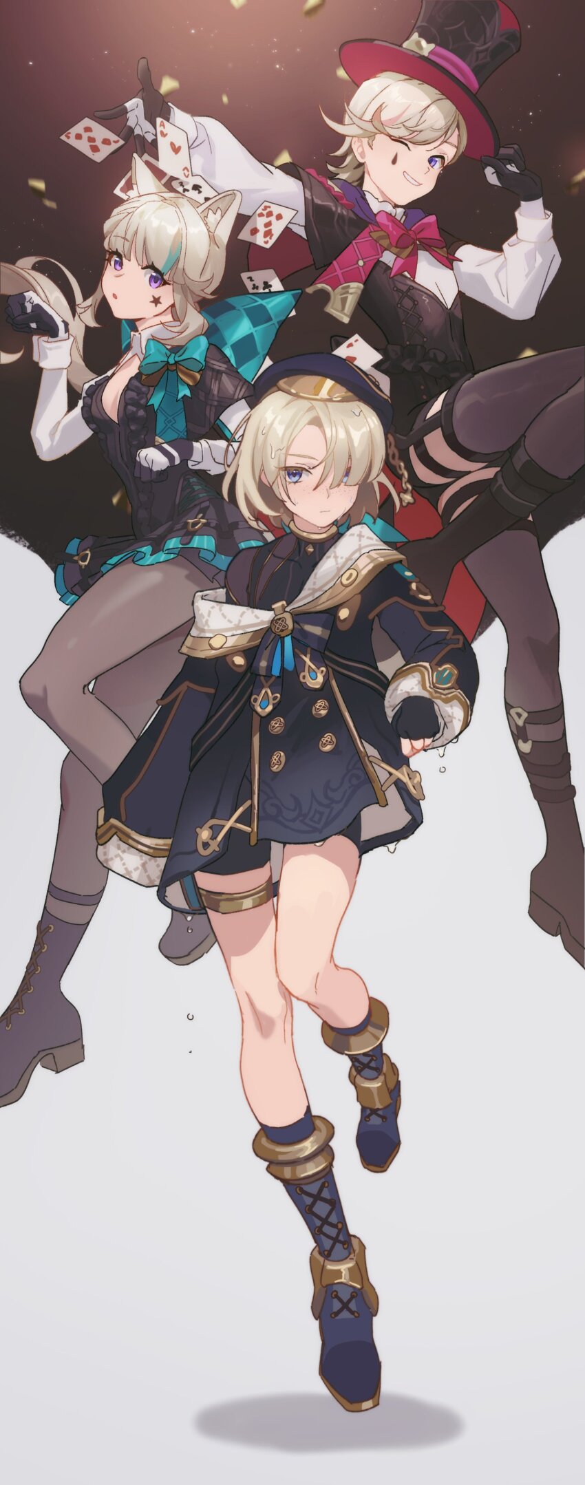 1girl 2boys :o absurdres ace_(playing_card) ace_of_diamonds ace_of_hearts adjusting_clothes adjusting_headwear animal_ear_fluff animal_ears arm_up beret black_capelet black_footwear black_gloves black_headwear black_leotard black_shirt black_shorts black_thighhighs blonde_hair blue_bow blue_bowtie blue_eyes blue_footwear blue_hair blue_headwear blue_jacket blunt_bangs blush boots bow bowtie breasts brother_and_sister brothers brown_pantyhose buttons capelet card cat_ears closed_mouth commentary_request covered_collarbone diamond_(shape) double-breasted expressionless eyelashes facial_mark five_of_diamonds floating_hair freckles freminet_(genshin_impact) fridaynightcat frilled_leotard frills genshin_impact gloves gold_trim grey_hair grin hair_over_one_eye hand_up hands_up hat heart highres jacket jewelry knee_boots lace-up_boots leg_up leotard long_hair long_sleeves looking_at_viewer low_ponytail lynette_(genshin_impact) lyney_(genshin_impact) multicolored_hair multiple_boys off_shoulder one_eye_closed open_mouth pantyhose parted_bangs paw_pose playing_card ponytail puffy_long_sleeves puffy_sleeves purple_eyes shirt short_hair short_shorts shorts shrug_(clothing) siblings sidelocks small_breasts smile star_(symbol) star_facial_mark streaked_hair swept_bangs teardrop_facial_mark thighhighs thighlet three_of_spades tilted_headwear top_hat turtleneck two-tone_gloves two_of_clubs wet wet_clothes wet_hair white_gloves white_shirt