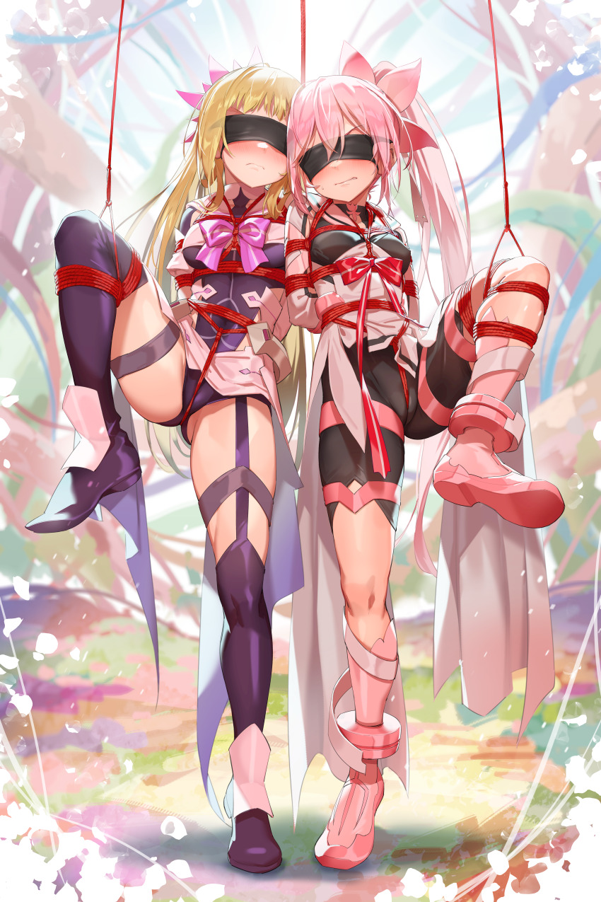 2girls absurdres arms_behind_back bdsm black_blindfold blindfold blonde_hair bodysuit bondage bound bound_arms breasts crotch_rope highres leg_up michairu multiple_girls nogi_sonoko pink_hair red_eyes restrained shibari shibari_over_clothes shoes skin_tight small_breasts thighhighs yellow_eyes yuuki_yuuna yuuki_yuuna_wa_yuusha_de_aru yuusha_de_aru zettai_ryouiki
