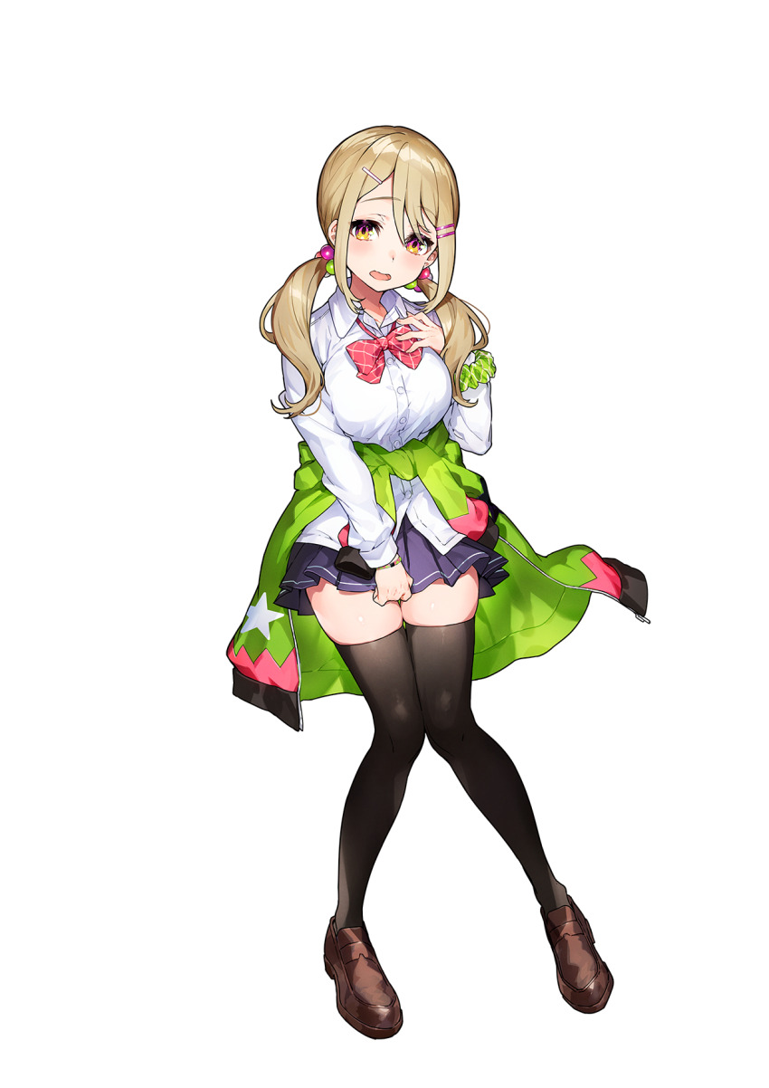 1girl blonde_hair bow bowtie breasts brown_shoes clothes_around_waist collared_shirt d: denonbu full_body green_jacket hair_bobbles hair_ornament hairclip hand_up head_tilt highres jacket jacket_around_waist kayano_futaba knees_together_feet_apart large_breasts loafers long_sleeves looking_at_viewer low_twintails mika_pikazo miniskirt official_art open_mouth orange_eyes purple_sky purple_thighhighs red_bow red_bowtie scrunchie second-party_source shirt shoes simple_background skindentation skirt sky solo standing thighhighs transparent_background twintails white_shirt wing_collar wrist_scrunchie