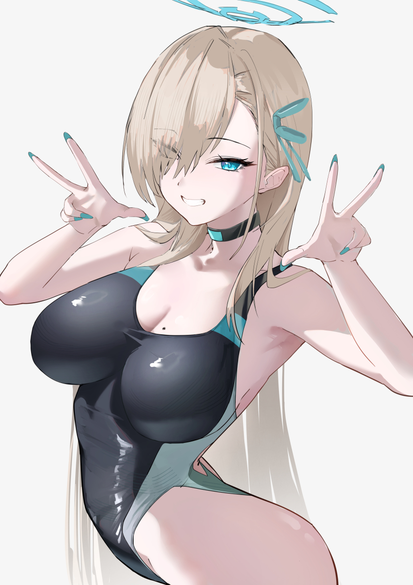 1girl absurdres alternate_costume asuna_(blue_archive) black_choker black_one-piece_swimsuit blonde_hair blue_archive blue_eyes blue_nails blue_ribbon breasts choker commentary double_w eyes_visible_through_hair grin hair_over_one_eye hair_ribbon highleg highleg_one-piece_swimsuit highres katagiri_nanoka long_hair looking_at_viewer mole mole_on_breast one-piece_swimsuit ribbon sidelocks smile solo swimsuit w