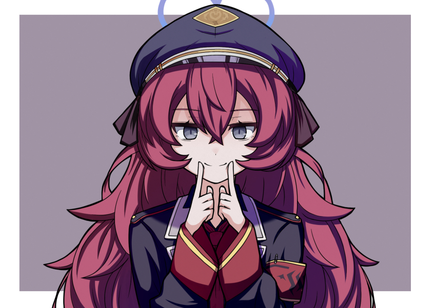1girl armband black_eyes black_hat black_jacket blue_archive closed_mouth darker_than_black fukuen_misato generic_33 grey_background hair_between_eyes halo hat highres iroha_(blue_archive) jacket long_hair long_sleeves looking_at_viewer military military_hat military_uniform necktie peaked_cap red_armband red_hair red_necktie sleeves_past_wrists smile solo upper_body voice_actor_connection wavy_hair yin_(darker_than_black)