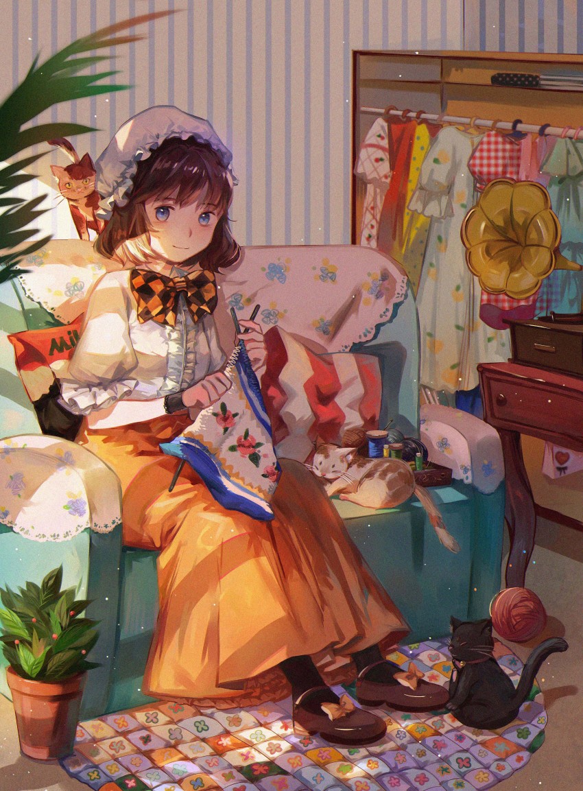 1girl absurdres black_bow black_cat black_legwear black_shoes blue_eyes bow bowtie brown_hair brown_shoes cat center_frills checkered_bow checkered_bowtie checkered_clothes closed_mouth closet clothes clothes_hanger couch female_focus flower_pot footwear_bow frilled_shirt frills full_body hat highres indoors jamjar77 knitting knitting_needle leaf long_skirt looking_at_viewer mob_cap multicolored_bow multicolored_bowtie multiple_cats needle on_couch orange_bow orange_skirt original phonograph pillow plant potted_plant puffy_short_sleeves puffy_sleeves rug shirt shoes short_hair short_sleeves sitting skirt smile solo spool two-tone_bow two-tone_bowtie white_shirt window_shadow wristband yarn yarn_ball