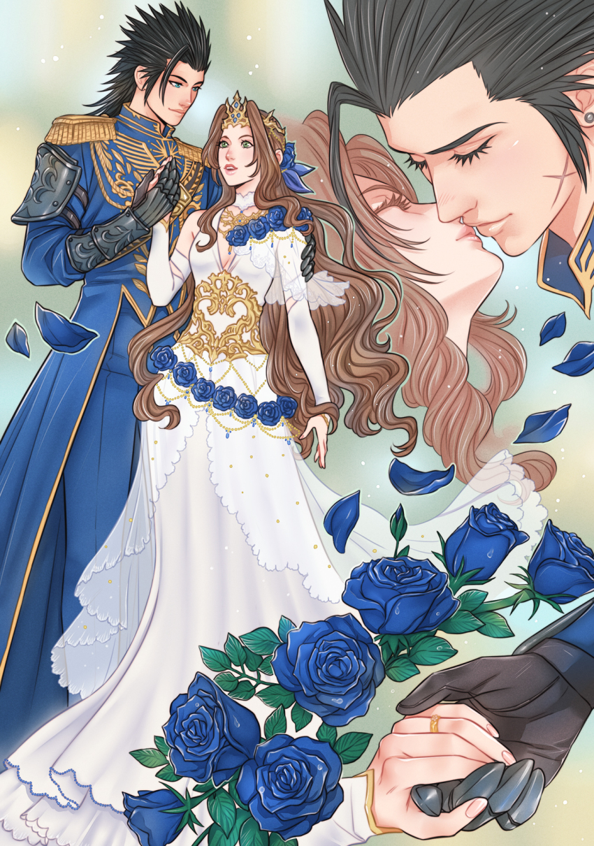 1boy 1girl aerith_gainsborough aerith_gainsborough_(prism_dress) black_gloves black_hair blue_eyes blue_flower blue_jacket blue_pants blue_petals blue_ribbon blue_rose brown_hair closed_eyes closed_mouth commentary couple cross_scar crylin6 dress drill_hair drill_sidelocks english_commentary facial_scar facing_another falling_petals final_fantasy final_fantasy_vii final_fantasy_vii_ever_crisis flower gauntlets gloves green_eyes hair_ribbon hair_slicked_back high_collar highres holding_hands jacket kiss lips long_dress long_hair long_sleeves looking_at_another military_uniform multiple_views official_alternate_costume pants parted_bangs petals ribbon rose scar scar_on_cheek scar_on_face sidelocks single_bare_shoulder spiked_hair tiara wavy_hair white_dress zack_fair zack_fair_(shinra_full_dress_uniform)