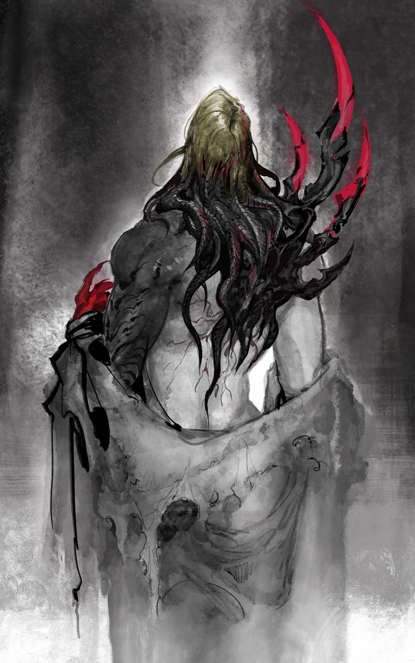 1boy black_hair blonde_hair colored_extremities colored_skin cowboy_shot facing_away final_fantasy final_fantasy_xiv from_behind garlean gradient_skin grey_background highres long_hair male_focus monster_boy multicolored_hair muscular muscular_male pydiyudie reaper_(final_fantasy) red_hands red_skin robe_partially_removed solo tentacle_hair tentacles torn_clothes veins white_skin zenos_yae_galvus