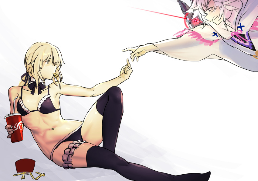 1boy 1girl artoria_pendragon_alter_(swimsuit_rider)_(fate) artoria_pendragon_alter_(swimsuit_rider)_(second_ascension)_(fate) artoria_pendragon_(fate) bikini black_bikini black_thighhighs blonde_hair breasts cloak detached_collar drink drinking_straw fate/grand_order fate_(series) fine_art_parody food food_in_mouth fou_(fate) french_fries glowing glowing_eye highres hood hooded_cloak i-pan long_hair merlin_(fate) middle_finger navel open_mouth parody ponytail sitting swimsuit tears the_creation_of_adam thigh_strap thighhighs white_hair