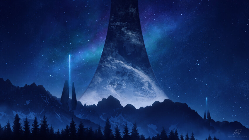 absurdres artist_name atmospheric_layer atmospheric_perspective beacon building cloud concept_art fog halo_(series) halo_infinite halo_installation highres mountain night night_sky no_humans outpost pine_tree science_fiction sky snow space star_(sky) theadamtaylor tower tree