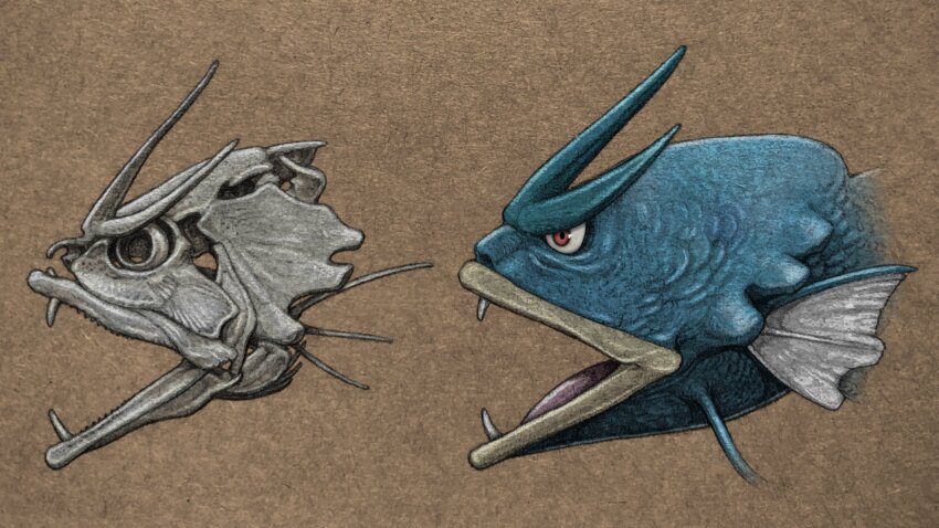 brown_background cropped_head fangs fins from_side gen_1_pokemon gyarados highres multiple_views nao70shark1 nintendo no_humans open_mouth pokemon pokemon_(creature) profile red_eyes sharp_teeth simple_background skeleton teeth