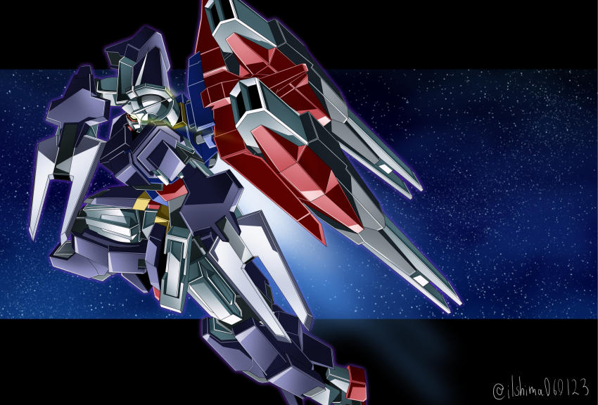 absurdres artist_name beam_cannon commentary energy_gun english_commentary english_text glowing glowing_eyes gundam gundam_age gundam_age-1 gundam_age-1_full_glansa gundam_age-1_glansa highres holding holding_shield holding_weapon javanese_commentary machinery mecha mecha_focus mobile_suit no_humans robot science_fiction shield shimashun solo space spoiler_(automobile) star_(sky) thrusters v-fin weapon zero_gravity