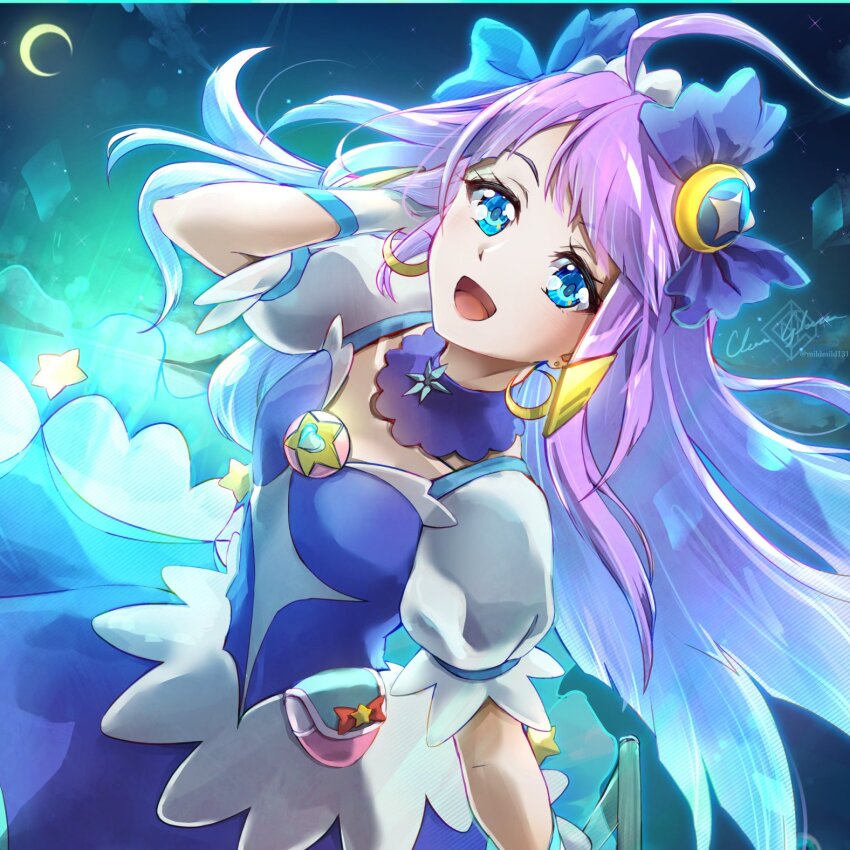 1girl ahoge blue_eyes choker clear_glass_(mildmild1311) crescent crescent_earrings cure_selene dress earrings gradient_background green_dress hair_ornament heart_pouch highres jewelry kaguya_madoka looking_at_viewer magical_girl open_mouth precure puffy_sleeves purple_choker purple_dress purple_hair rainbow_skirt smile solo star_(symbol) star_choker star_color_pen star_color_pendant star_hair_ornament star_twinkle_precure