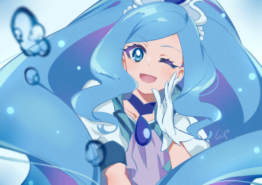 1girl ascot blue_background blue_brooch blue_choker blue_eyes blue_hair blue_shirt bubble choker collarbone cure_fontaine dot_nose dress eyelashes gloves hand_on_own_cheek hand_on_own_face happy hat_ornament healin&#039;_good_precure heart heart_hat_ornament high_ponytail highres light_blush long_hair one_eye_closed open_clothes open_dress open_mouth ponytail precure puffy_short_sleeves puffy_sleeves purple_ascot sawaizumi_chiyu shipu_(gassyumaron) shirt short_sleeves signature smile solo tiara upper_body very_long_hair wavy_hair white_dress white_gloves