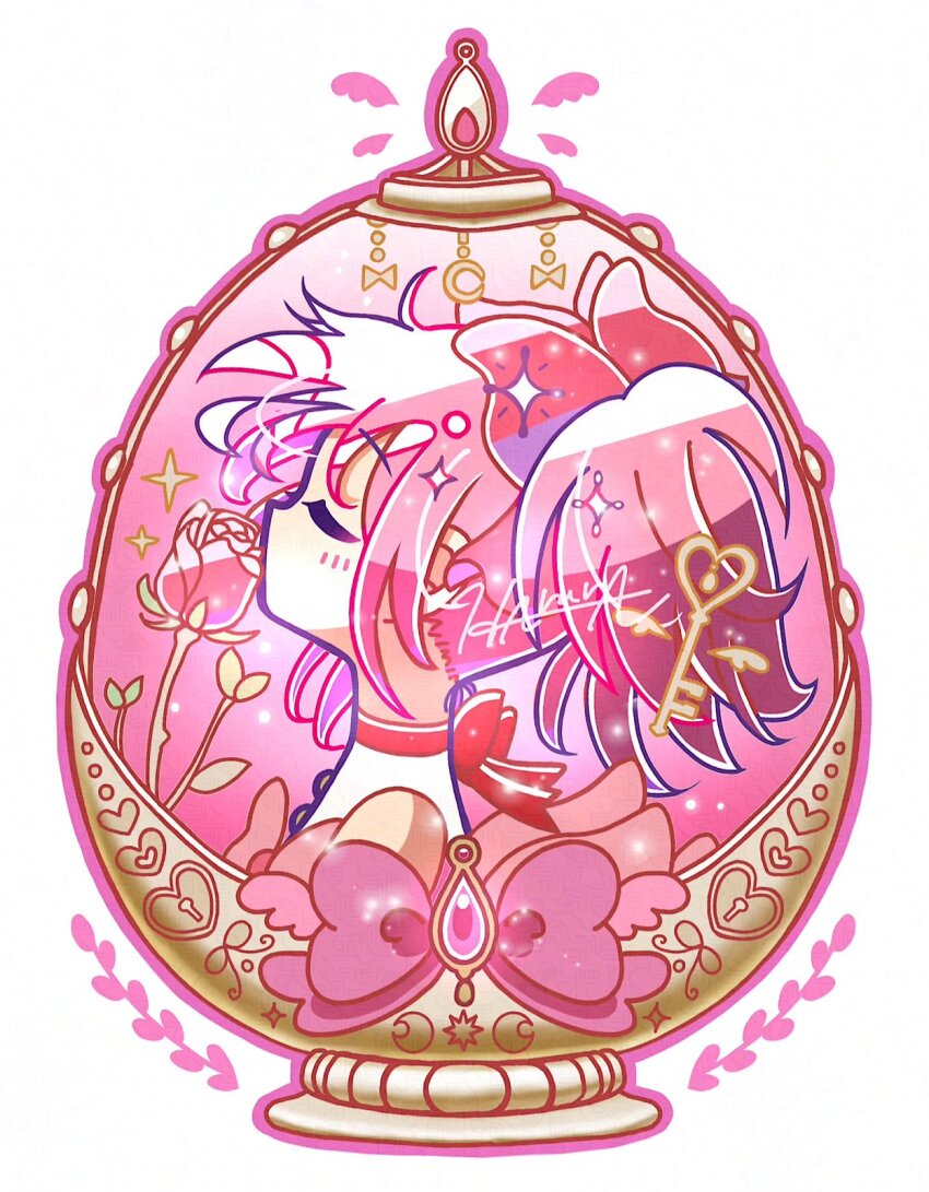 1girl choker closed_eyes commentary dress english_commentary flower hair_ribbon highres kaname_madoka kaname_madoka_(magical_girl) mahou_shoujo_madoka_magica mahou_shoujo_madoka_magica:_walpurgis_no_kaiten pink_flower pink_hair pink_ribbon pink_rose red_choker ribbon rose short_twintails sleeveless sleeveless_dress soul_gem twintails yae_harura