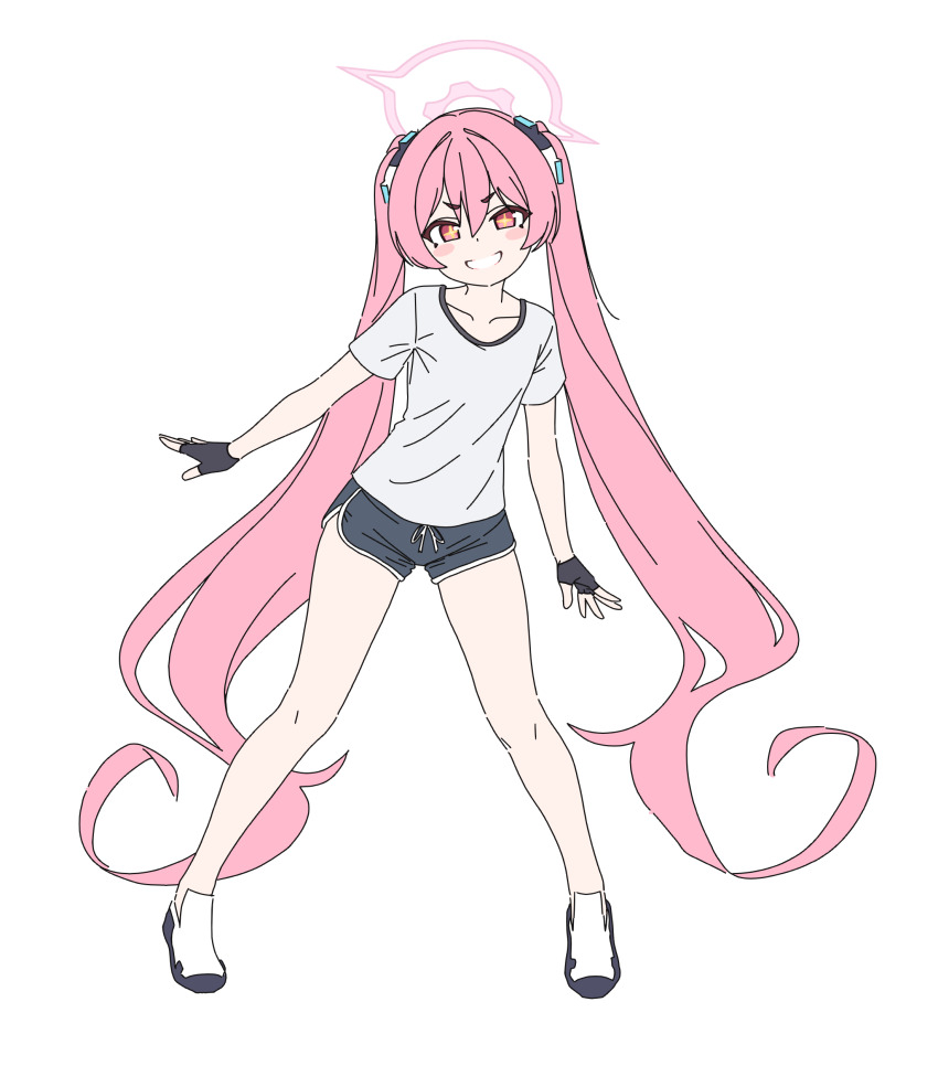 +_+ 1girl absurdres black_gloves blue_archive blush_stickers commentary_request dolphin_shorts fingerless_gloves full_body gloves grin halo highres koyuki_(blue_archive) kutsusama long_hair looking_at_viewer pink_hair red_eyes shirt shorts smile solo standing twintails very_long_hair white_shirt