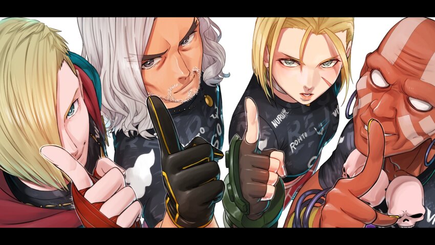 1girl 3boys aduti_momoyama arm_up asymmetrical_hair black_gloves black_shirt blonde_hair blue_eyes bracelet brown_eyes cammy_white closed_mouth collarbone commentary dark-skinned_male dark_skin dhalsim earrings ed_(street_fighter) facial_hair facial_mark facial_scar fingerless_gloves gloves green_eyes hair_behind_ear hashtag-only_commentary highres hood hooded_jacket index_finger_raised jacket jewelry ken_masters letterboxed looking_at_viewer multiple_boys necklace no_pupils official_alternate_hair_length official_alternate_hairstyle parted_lips piercing red_gloves scar scar_on_cheek scar_on_face shirt skull skull_necklace smile street_fighter street_fighter_6 t-shirt teeth thick_eyebrows white_background white_hair