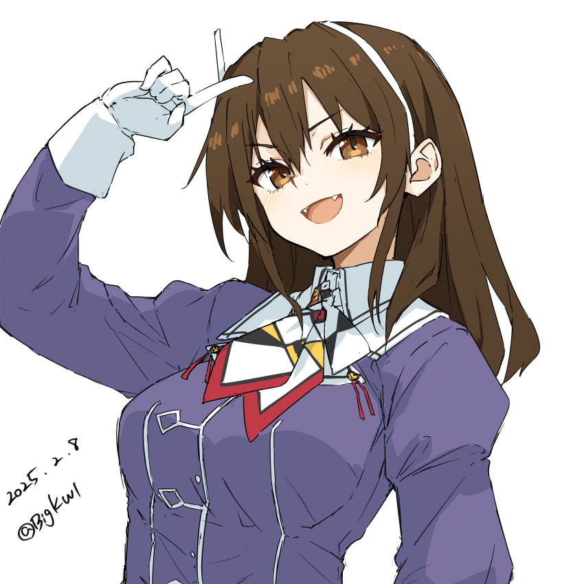 1girl absurdres ashigara_(kancolle) ashigara_kai_ni_(kancolle) bigkwl breasts brown_eyes brown_hair dated fake_horns fangs gloves hair_between_eyes hairband highres horned_headwear horns jacket kantai_collection large_breasts long_hair military_uniform multicolored_neckerchief neckerchief open_mouth print_neckerchief purple_jacket smile solo upper_body wavy_hair white_background white_gloves white_hairband