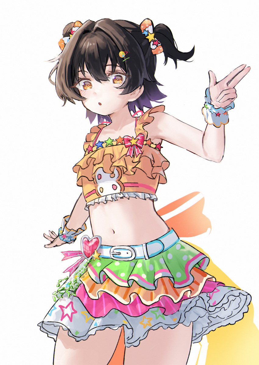 1girl absurdres akagi_miria belt black_hair commentary cropped_shirt frilled_shirt frilled_wristband frills highres idol_clothes idolmaster idolmaster_cinderella_girls layered_skirt looking_at_viewer mmsk multicolored_skirt navel orange_shirt shirt simple_background skirt sleeveless sleeveless_shirt solo stomach two_side_up white_background yellow_eyes