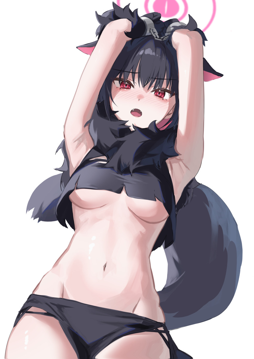 1girl absurdres animal_ears armpits arms_up black_claws black_hair black_shirt black_skirt black_tail blue_archive breasts cat_ears chain colored_inner_animal_ears colored_inner_hair cow cuffs extra_ears fake_claws fur-trimmed_gloves fur_scarf fur_sleeves fur_trim gloves halloween_costume halo highres hyuji_0w0 imminent_wardrobe_malfunction kazusa_(blue_archive) kazusa_(halloween)_(blue_archive) looking_at_viewer multicolored_hair navel pink_hair pink_halo red_eyes shackles shirt skirt sleeveless sleeveless_shirt solo torn_clothes torn_shirt werewolf_costume white_background