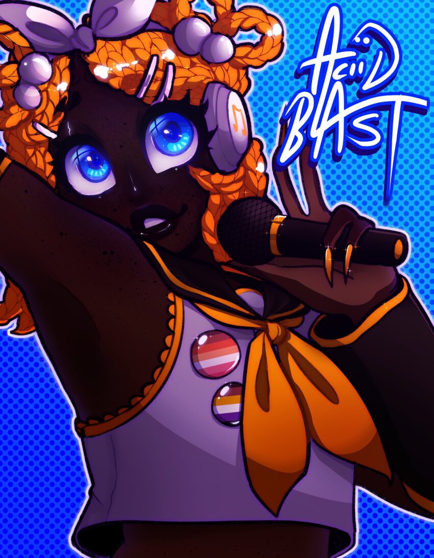 1girl alternate_hair_color alternate_hairstyle alternate_skin_color aqua_eyes blacktober blonde_hair blue_eyes bow dark-skinned_female dark_skin detached_sleeves hair_bow hair_ornament hair_ribbon hairclip headphones highres kagamine_rin lesbian_flag lgbt_pride looking_at_viewer microphone non-binary_flag prismismz ribbon shirt short_hair smile solo very_dark_skin vocaloid