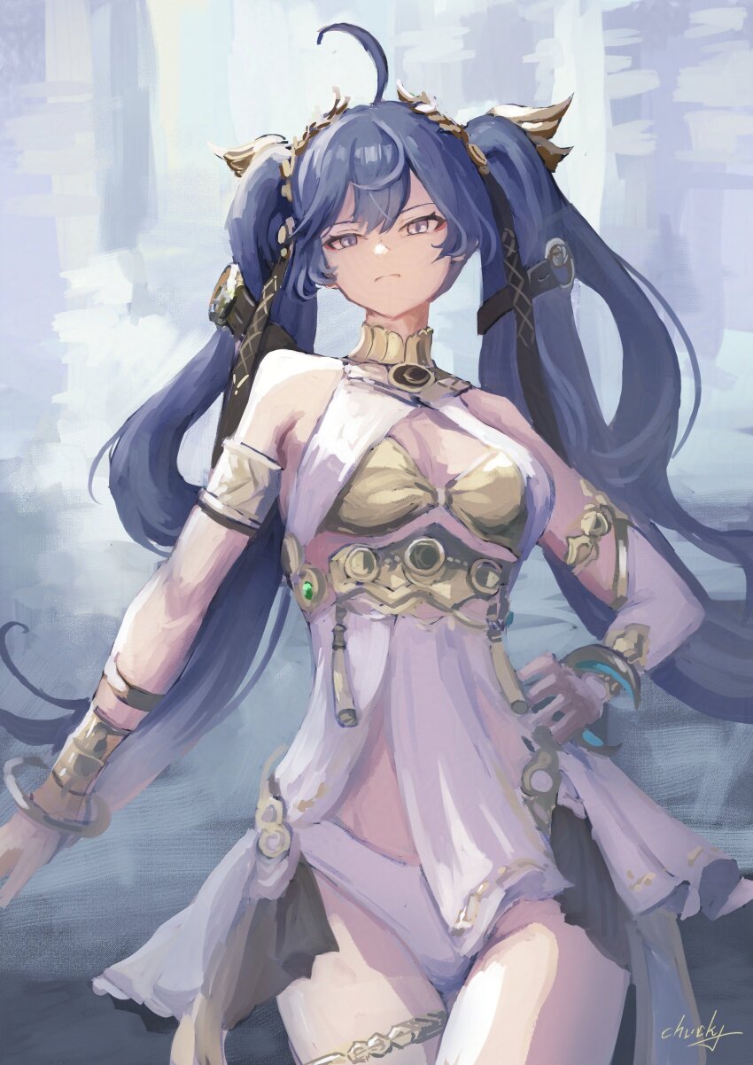 1girl absurdres ahoge ancient_greek_clothes bare_shoulders blue_eyes blue_hair breasts chucky_(chucky1000sun) cleavage closed_mouth commentary cowboy_shot gold_bra greco-roman_clothes hair_belt hair_ornament hand_on_own_hip head_wreath highres iuno_(wuthering_waves) long_hair looking_at_viewer medium_breasts serious signature solo thighs twintails very_long_hair wuthering_waves