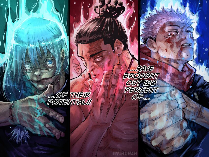 3boys akutami_gege aura battle black_hair blowing_kiss clenched_hand colorized english_text head_tilt heart highres itadori_yuuji jujutsu_kaisen licking_blood mahito_(jujutsu_kaisen) male_focus multiple_boys muscular muscular_male pectorals scar scar_across_eye scar_on_face serious short_hair sideburns spoilers spoken_heart toudou_aoi_(jujutsu_kaisen) undercut upper_body vihurah