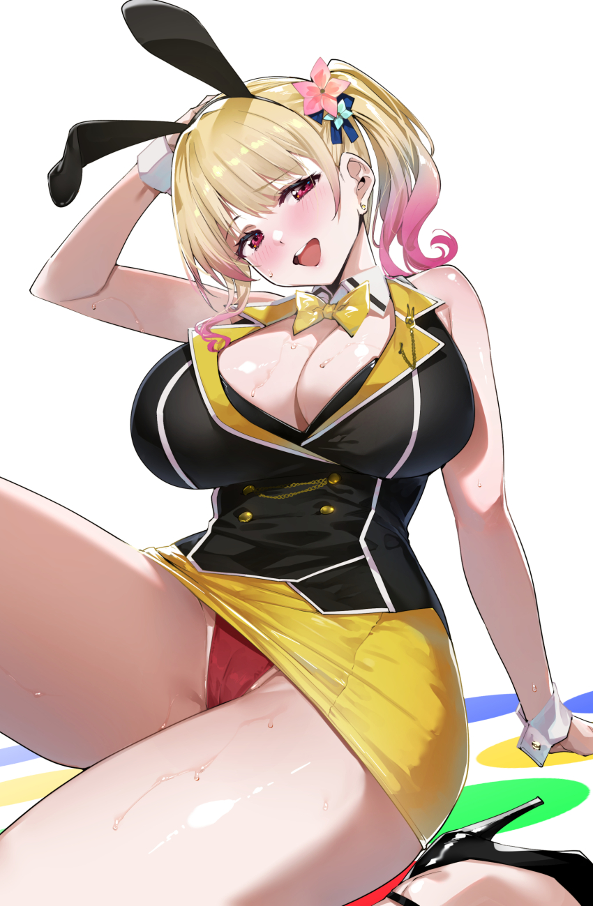 1girl absurdres animal_ears arm_support black_footwear black_vest blonde_hair blush bow bowtie breasts bunny_garden cleavage collared_vest commentary_request earrings fake_animal_ears flower gradient_hair hair_flower hair_ornament hand_on_own_head head_tilt high_heels highres jewelry large_breasts looking_at_viewer multicolored_hair open_mouth panties pink_flower pink_hair rabbit_ears red_eyes red_panties rin_(bunny_garden) side_ponytail simple_background sitting skirt smile solo strappy_heels sweat teeth thighs tomohiro_kai tongue two-tone_hair underwear upper_teeth_only vest white_background white_wrist_cuffs wrist_cuffs yellow_bow yellow_bowtie yellow_skirt