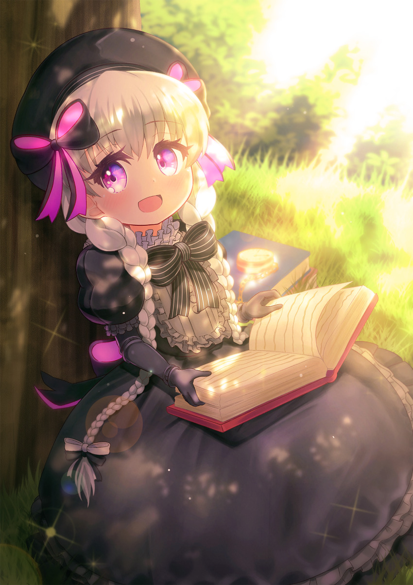 1girl :d absurdres beret black_bow black_dress black_gloves black_hat blurry blurry_background book bow braid commentary_request day depth_of_field doll_joints dress elbow_gloves fate/extra fate_(series) frilled_dress frilled_sleeves frills gloves hair_between_eyes hair_bow hair_over_shoulder hat highres joints looking_at_viewer low_twintails nursery_rhyme_(fate) on_grass open_book open_mouth outdoors pixiv_fate/grand_order_contest_2 pocket_watch puffy_short_sleeves puffy_sleeves purple_eyes short_sleeves smile solo tree twin_braids twintails watch white_bow white_hair yuya090602