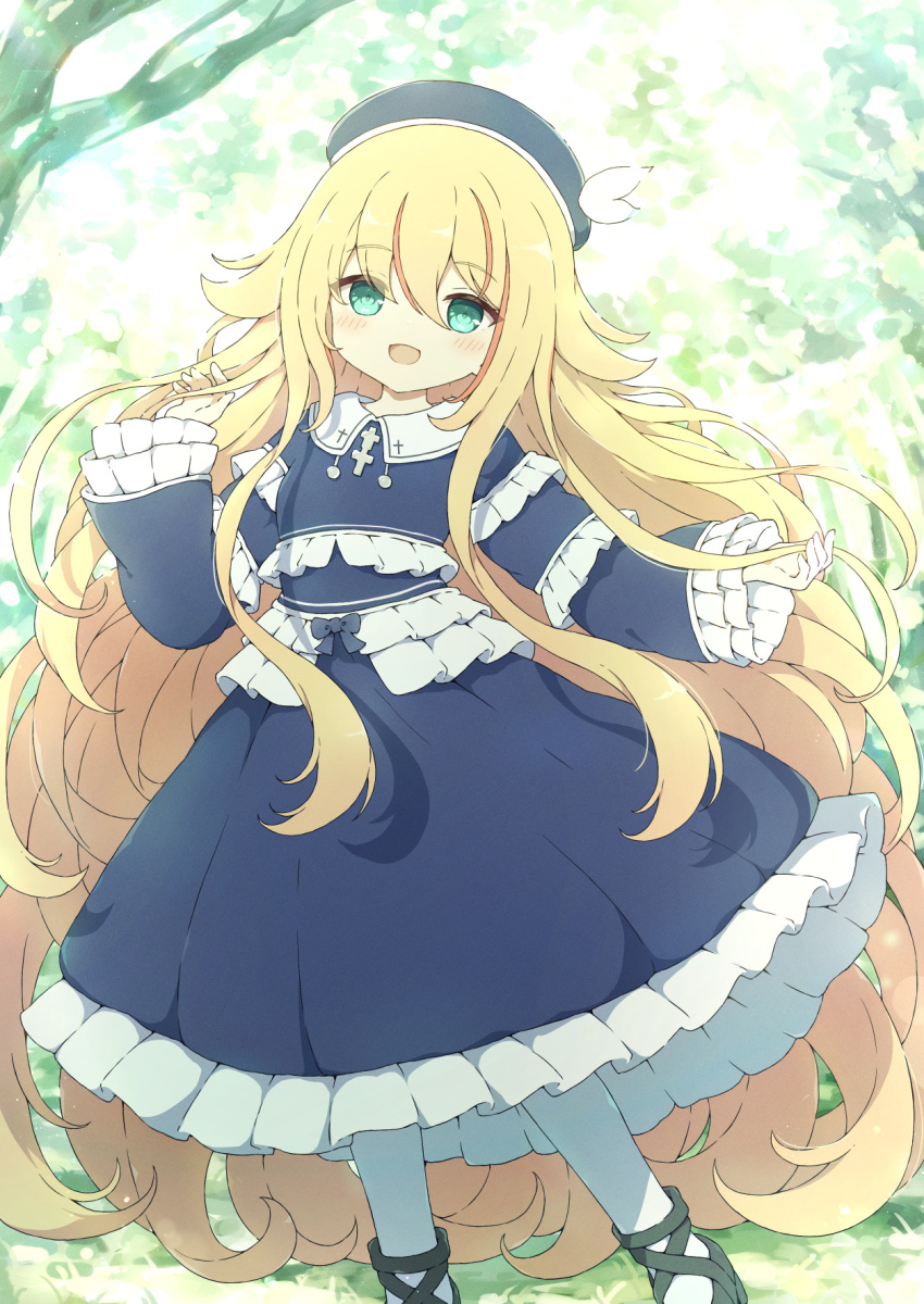 1girl :d ankle_lace-up black_shoes blonde_hair blue_bow blue_dress blue_hat blush borrowed_character bow collared_dress commentary commission contrast_collar dress feet_out_of_frame frilled_dress frilled_sleeves frills green_eyes hair_between_eyes hand_up hat highres long_hair long_sleeves looking_at_viewer open_mouth original outdoors pantyhose shoes sidelocks skeb_commission smile solo standing tyomimas very_long_hair white_pantyhose