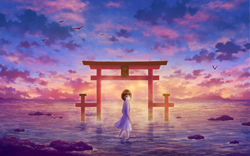 1girl arms_at_sides au_ito bare_arms bird blue_clouds breasts brown_eyes brown_hair choppy_bangs closed_mouth cloud cloudy_sky colorful dress evening flood from_side highres hill horizon light_smile ocean original pink_clouds rock scenery short_hair sidelocks sky sleeveless sleeveless_dress small_breasts solo star_(sky) starry_sky steam torii turning_head wading walking white_dress wide_shot