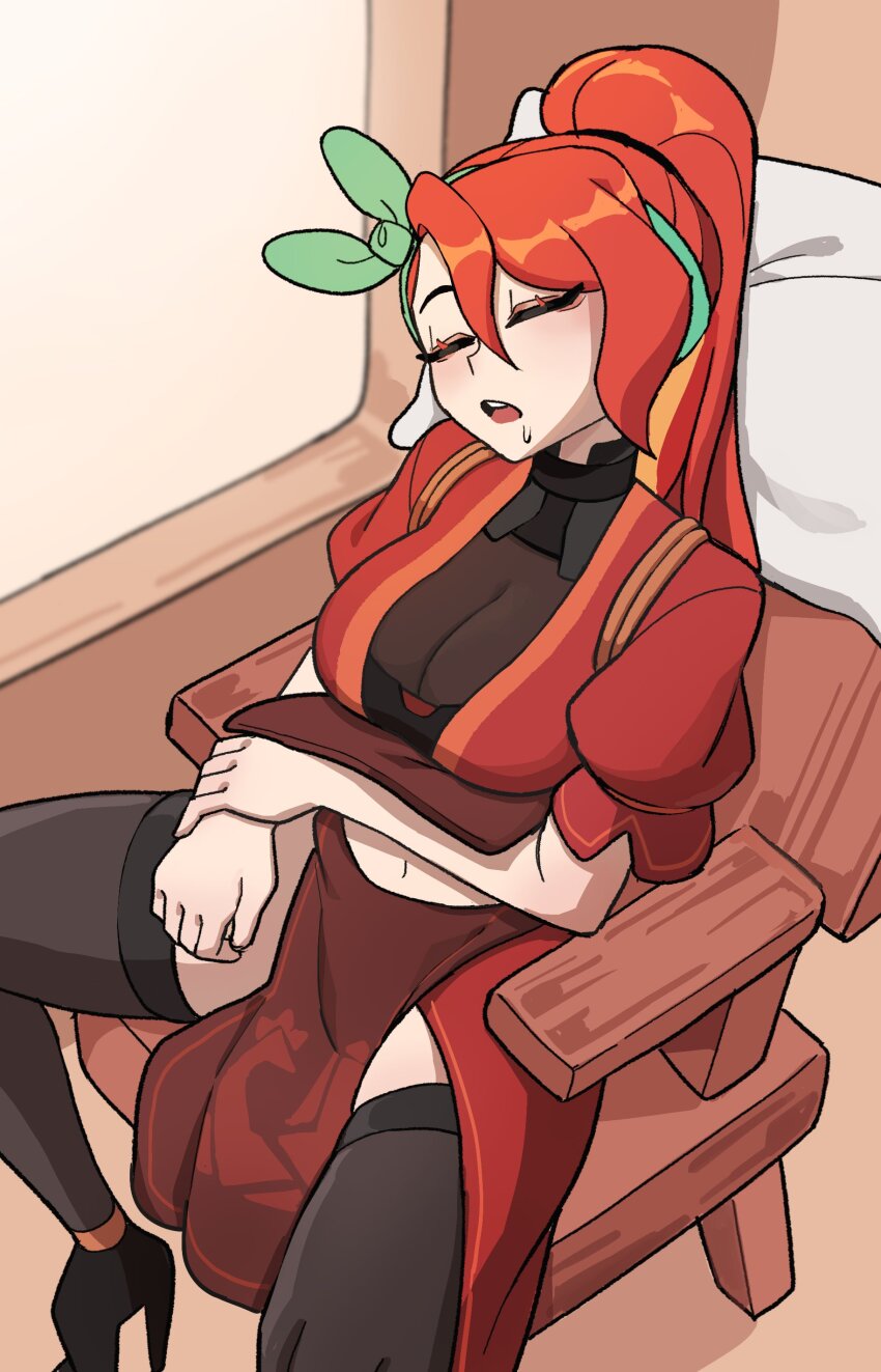 1girl absurdres black_thighhighs breasts closed_eyes commentary drooling english_commentary green_hairband hairband high_heels highres holding_own_wrist hyyun_ho june_(hyyun_ho) large_breasts long_hair midriff navel on_chair open_mouth orange_hair original pelvic_curtain pillow ponytail short_sleeves sitting sleeping solo teeth thighhighs upper_teeth_only wooden_chair