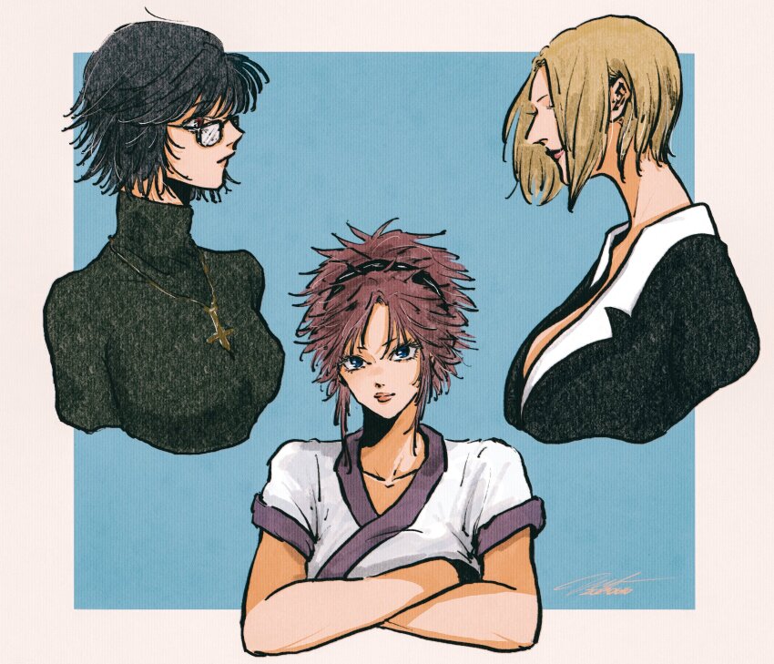 3girls aquiline_nose ark_mono black-framed_eyewear black_hair black_sweater blonde_hair blue_background blue_eyes breasts brown_eyes cleavage collarbone cross cross_necklace glasses highres hunter_x_hunter inverted_cross jewelry large_breasts long_hair long_sleeves looking_at_viewer machi_komacine medium_breasts multiple_girls necklace nose pakunoda pink_hair ponytail profile shizuku_murasaki short_hair signature simple_background smile sweater turtleneck