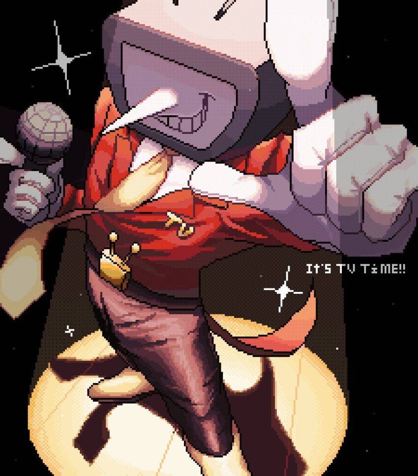 1boy 9aaaalt29 ant_tenna belt belt_buckle black_belt black_pants buckle commentary crt deltarune english_commentary english_text from_above full_body gloves grin highres holding holding_microphone male_focus microphone necktie object_head pants pixel_art pointy_nose shadow shoes smile solo sparkle spotlight tailcoat teeth white_gloves yellow_necktie yellow_shoes