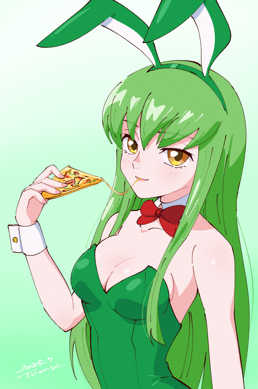 1girl 2025 absurdres animal_ears bow bowtie breasts c.c. cleavage code_geass dated detached_collar eating fake_animal_ears film_grain food green_hair hair_between_eyes highres leotard pizza pizza_slice playboy_bunny rabbit_ears signature solo tsunemoku wrist_cuffs yellow_eyes