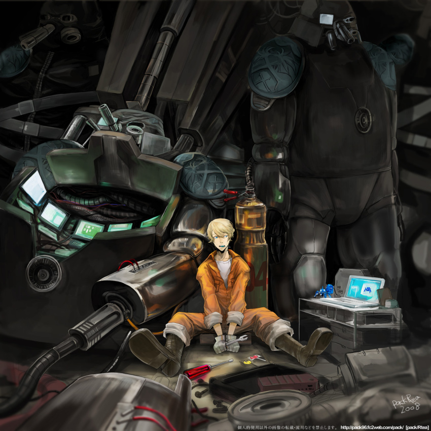 00s 1boy armor bad_id bad_pixiv_id computer ghost_in_the_shell highres katekyo_hitman_reborn! laptop maguchimo male_focus mecha power_armor robot solo spanner_(reborn!) tachikoma wrench