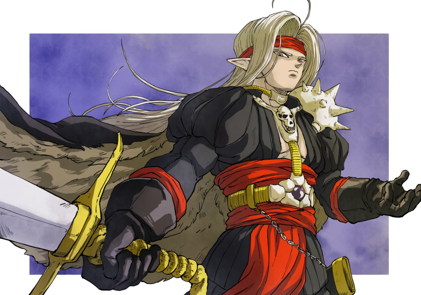 1boy ahoge armor black_gloves black_shirt border cape choker closed_mouth commentary_request dragon_quest dragon_quest_iv floating_cape floating_hair frown fur_cape gloves headband highres holding holding_sword holding_weapon juliet_sleeves kouji08250 long_hair long_sleeves looking_down male_focus pauldrons pisaro pointy_ears puffy_sleeves red_eyes scabbard sheath shirt shoulder_armor single_pauldron solo spiked_pauldrons sword toriyama_akira_(style) weapon white_border white_hair