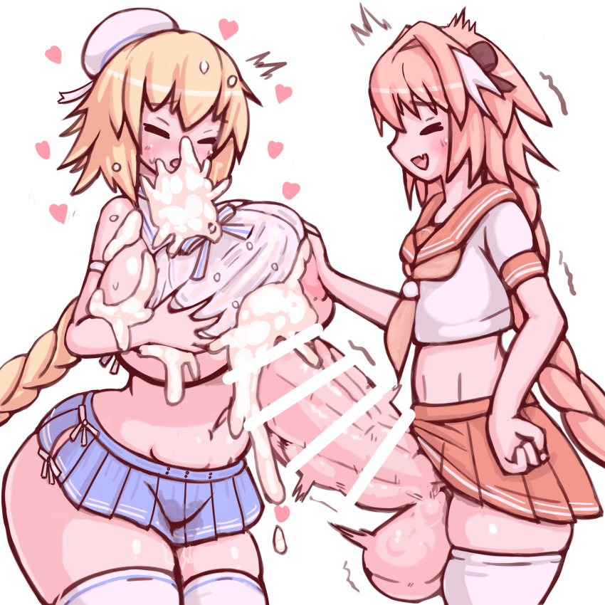 1boy 1girl 57mm androgynous areola_slip astolfo_(fate) astolfo_(sailor_paladin)_(fate) bar_censor bare_shoulders beret blonde_hair blush bow braid braided_ponytail breasts bukkake censored closed_eyes cowboy_shot crop_top crossdressing cum cum_on_body cum_on_breasts cum_on_upper_body cumdrip curvy ejaculation ejaculation_between_breasts excessive_cum facial fate/grand_order fate_(series) gigantic_penis gigantic_testicles grabbing_another&#039;s_breast groin groping hair_bow hat heart hetero highres huge_breasts jeanne_d&#039;arc_(fate) jeanne_d&#039;arc_(mystery_treasure)_(fate) jeanne_d&#039;arc_(swimsuit_archer)_(fate) large_areolae long_hair mini_hat miniskirt motion_lines navel paizuri paizuri_under_clothes penis pink_hair pussy_juice pussy_juice_drip_through_clothes sailor_collar sideboob sidelocks skirt standing standing_paizuri sweat testicles thick_thighs thighhighs thighs trap trap_on_female trembling underboob veins veiny_penis very_long_hair wide_hips
