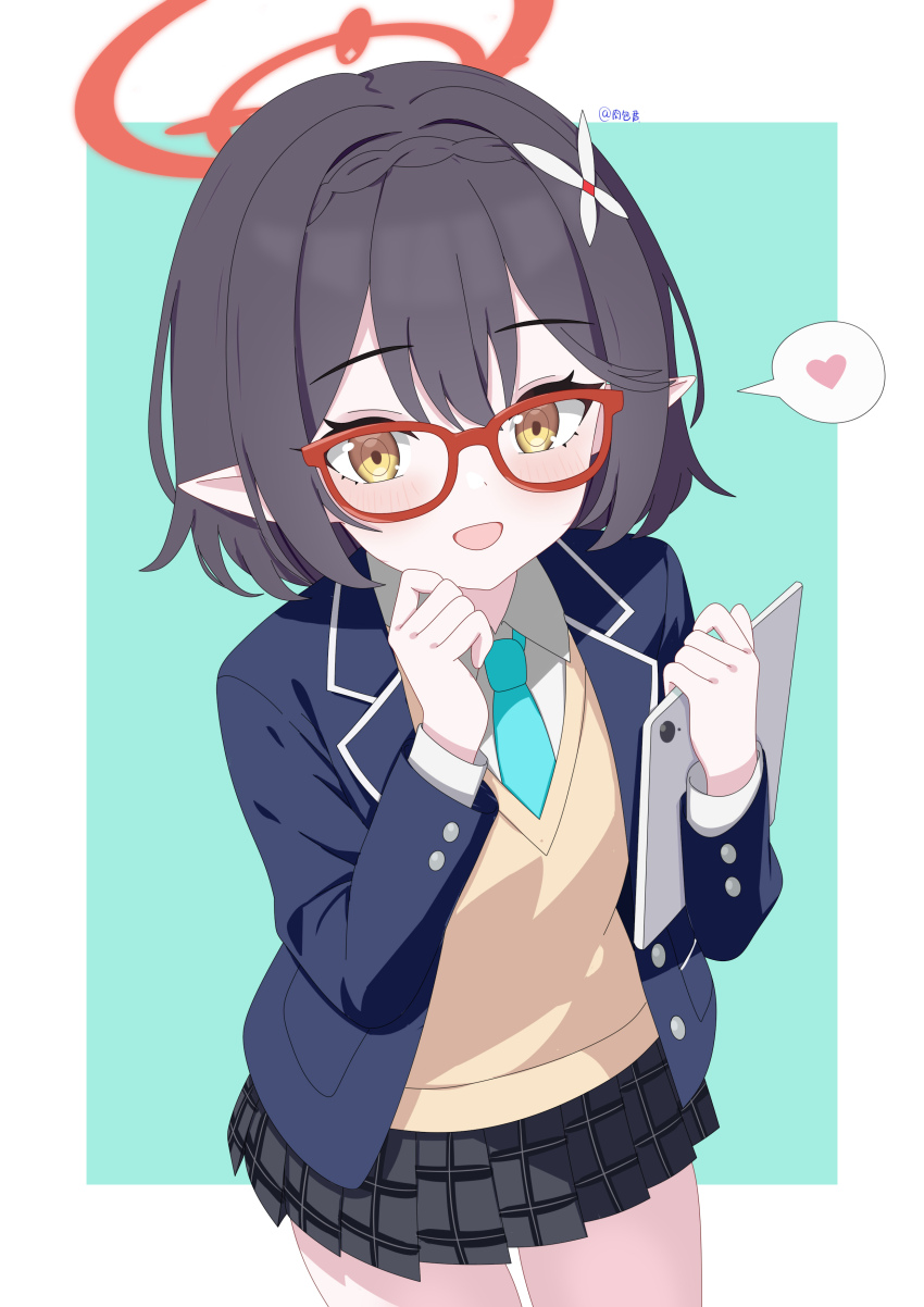 1girl :d absurdres aqua_background artist_name ayane_(blue_archive) baozi_9527 black_hair black_skirt blue_archive blue_jacket blue_necktie blush border braid brown_vest collared_shirt commentary cowboy_shot crown_braid dress_shirt glasses hair_ornament halo hands_up heart highres holding holding_tablet_pc jacket long_sleeves miniskirt necktie open_clothes open_jacket open_mouth outside_border plaid_clothes plaid_skirt pleated_skirt pointy_ears red-framed_eyewear red_halo school_uniform shirt short_hair simple_background skirt smile solo spoken_heart tablet_pc vest white_border white_shirt yellow_eyes