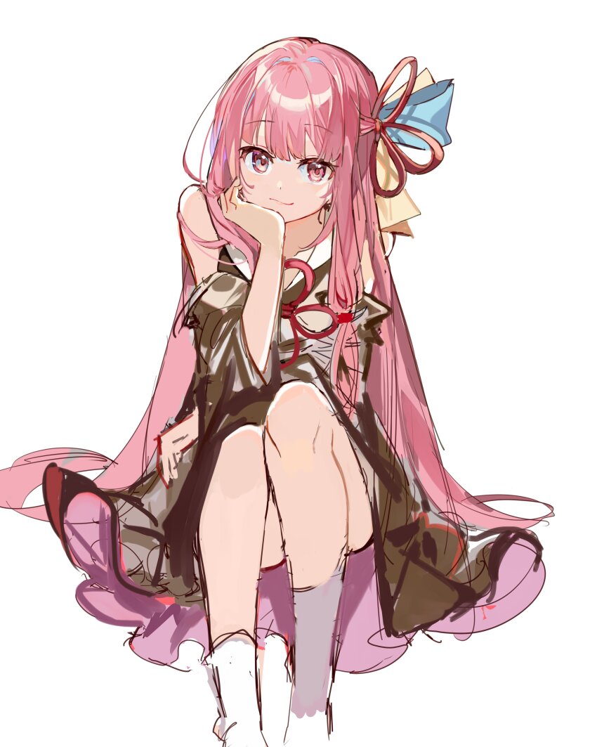 1girl absurdres bare_shoulders black_dress closed_mouth detached_sleeves dress hair_ribbon hand_up head_rest highres karasu_btk knot kotonoha_akane long_hair looking_at_viewer low-tied_sidelocks pink_hair red_ribbon ribbon sidelocks simple_background sitting smile socks solo very_long_hair voiceroid white_background white_socks
