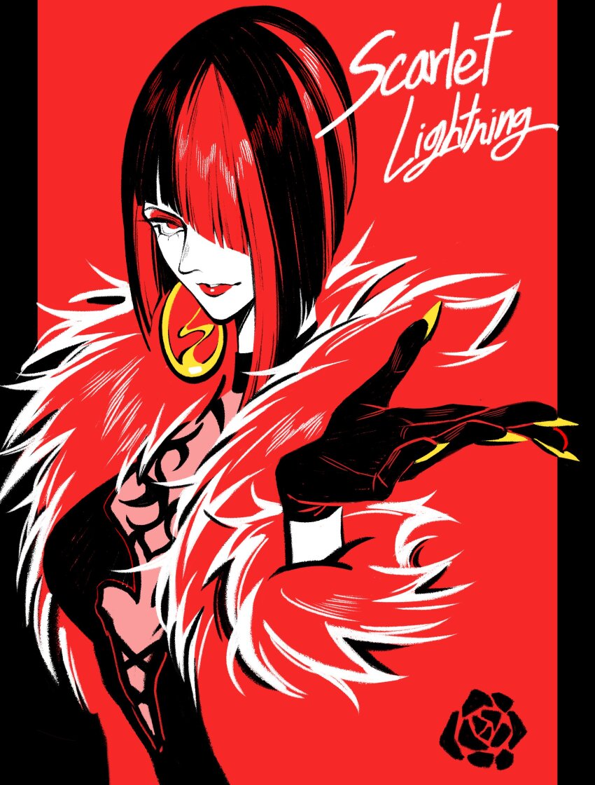 1girl absurdres anna_williams bob_cut breasts cleavage dress earrings eyeshadow flower gloves highres jewelry lipstick makeup murderking666 red_background red_eyes red_eyeshadow red_lips rose short_hair simple_background solo tekken tekken_8