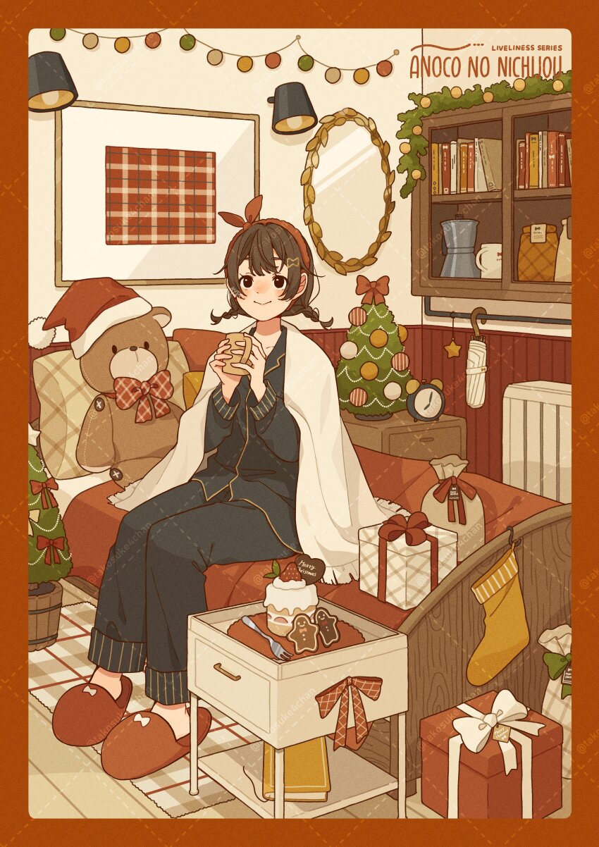 1girl absurdres alarm_clock analog_clock black_hair black_pajamas bookshelf bow bowtie braid cake carpet christmas_tree clock closed_mouth closed_umbrella coffee_mug cup english_text food fork fruit gift gingerbread_man hairband hands_up highres holding holding_cup indoors long_sleeves mirror mug on_bed original pajamas plaid_bow red_bow red_bowtie red_hairband sack shawl sitting slippers smile solo strawberry strawberry_shortcake stuffed_animal stuffed_toy takosuke_(gyzp7373) teddy_bear translation_request twin_braids umbrella watermark watermark_grid white_shawl wooden_floor