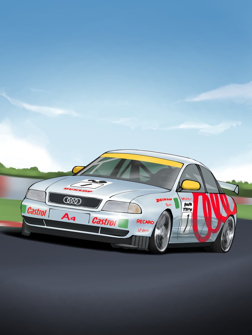 audi audi_a4 british_touring_car_championship car castrol cloud commentary dunlop english_commentary highres motion_blur motor_vehicle no_humans race_vehicle racecar racetrack shadow sky spoiler_(automobile) toyeeta_prius vehicle_focus
