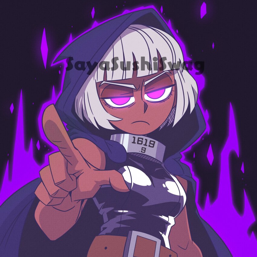 belt blunt_bangs breasts cloak collar dark-skinned_female dark_skin frown highres hood hooded_cloak latex latex_top looking_at_viewer metal_collar original pointing pointing_at_viewer purple_eyes sayasushiswag short_hair sleeveless small_breasts v-shaped_eyebrows white_hair