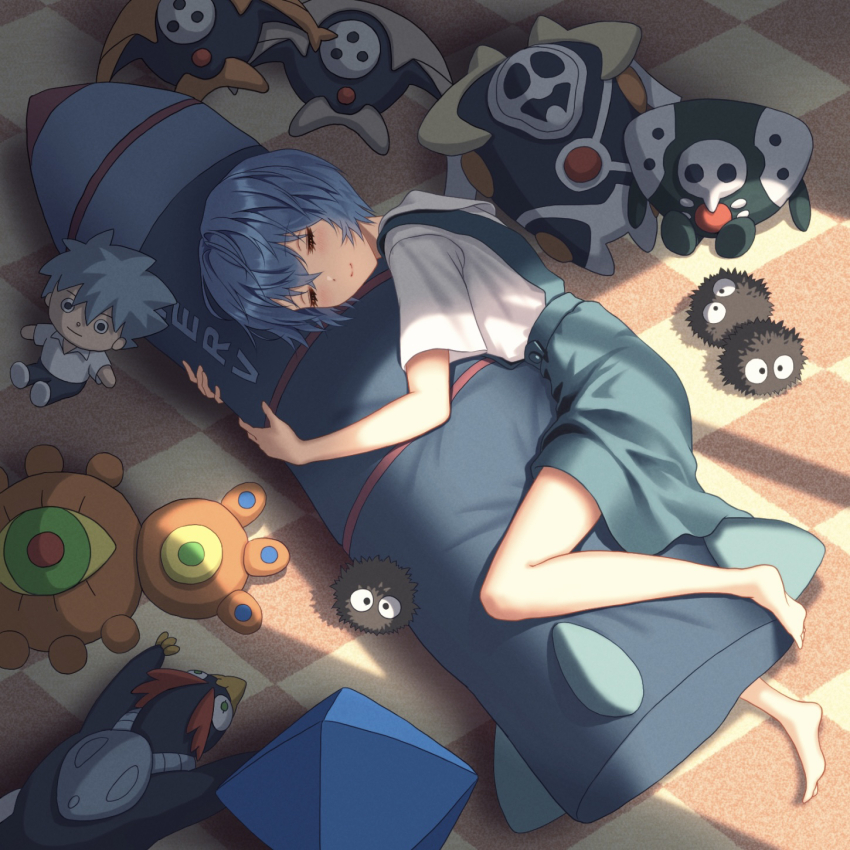 1girl angel_(evangelion) ayanami_rei barefoot bird blue_hair blue_skirt blush body_pillow character_doll checkered_floor closed_eyes closed_mouth collared_shirt commentary doll dress_shirt eyelashes hair_between_eyes highres hugging_object israfel_(evangelion) lying missile nagisa_kaworu nap neon_genesis_evangelion on_side penguin penpen pillow ramiel_(evangelion) sachiel_(evangelion) sahaquiel_(evangelion) school_uniform shadow shirt short_hair short_sleeves skirt sleeping smile solo studio_ghibli stuffed_toy suspender_skirt suspenders susuwatari tokyo-3_middle_school_uniform white_shirt yahha zeruel_(evangelion)