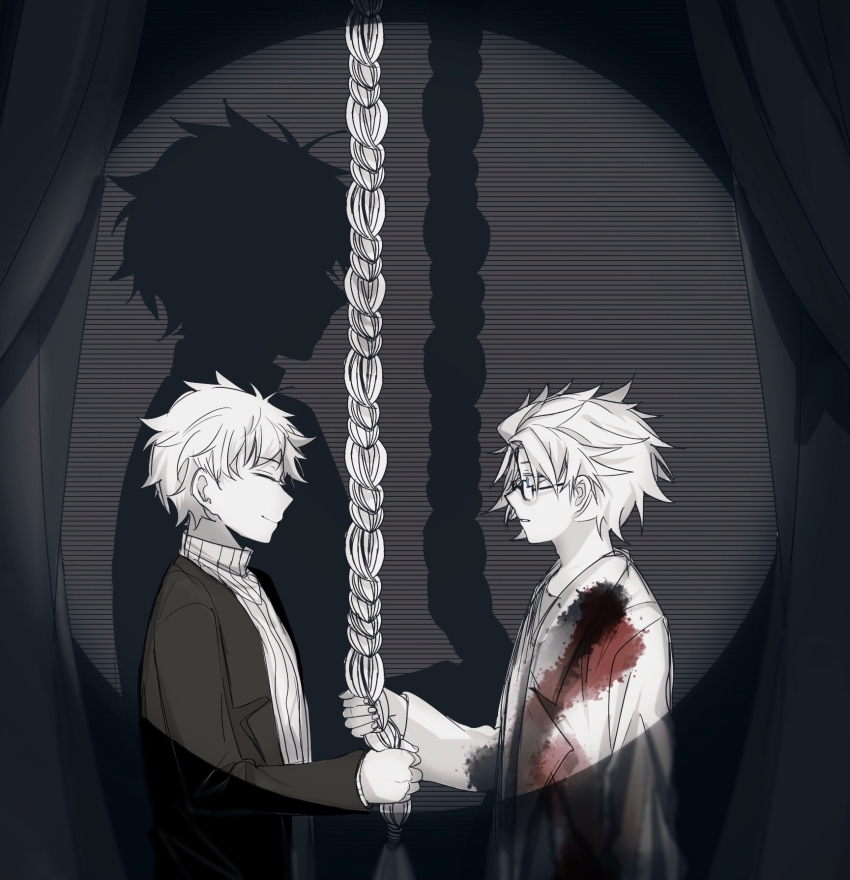 2boys atou_haruki blood blood_on_clothes blue_eyes chinese_commentary closed_eyes closed_mouth commentary_request curtains from_side glass greyscale highres jacket kanou_aogu lemijiang long_sleeves male_focus monochrome multiple_boys no_shadow open_clothes open_jacket ribbed_sweater rope saibou_shinkyoku short_hair smile spot_color spotlight sweater turtleneck turtleneck_sweater upper_body
