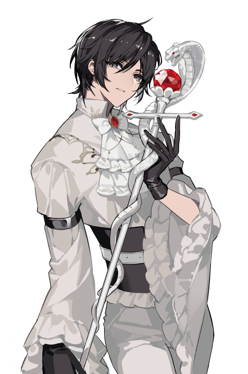 1boy absurdres arm_at_side arm_strap ascot bishounen black_gloves black_hair bow bowtie collared_shirt commentary earrings eyelashes frilled_shirt frills gem gloves grey_eyes hair_between_eyes highres holding holding_staff jewelry kaito_(vocaloid) kazenemuri looking_at_viewer male_focus pants red_brooch red_gemstone kaito_(rei_no_sakura_shirayuki)_(vocaloid) shiny_clothes shirt short_hair slit_pupils snake solo staff standing vocaloid white_ascot white_background white_bow white_bowtie white_pants white_snake white_theme wide_sleeves