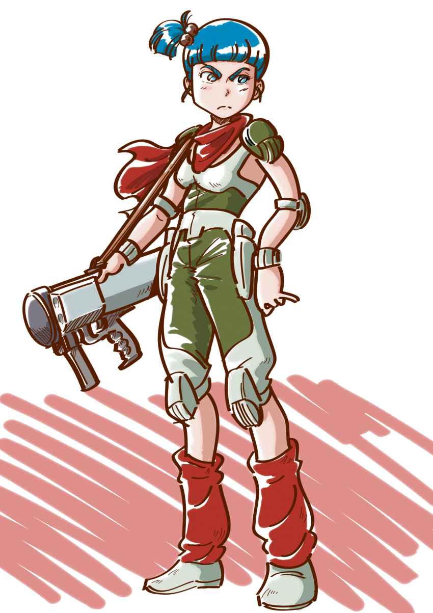 1girl blue_eyes blue_hair blunt_bangs breasts frown full_body grey_footwear gun hair_bobbles hair_ornament highres holding holding_gun holding_weapon loose_socks rag_uralo red_scarf red_socks scarf sentou_mecha_xabungle short_hair simple_background small_breasts socks standing tamada_masao weapon wristband