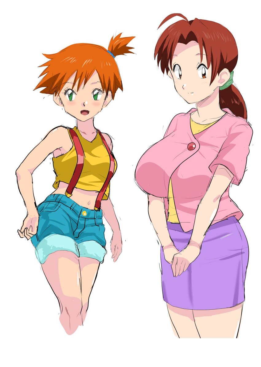 2girls absurdres asymmetrical_hair bare_arms blush breasts brown_eyes brown_hair closed_mouth cowboy_shot creatures_(company) crop_top delia_ketchum denim denim_shorts eyelashes female_focus game_freak green_eyes hair_tie highres large_breasts long_hair looking_at_viewer mature_female medium_breasts midriff misty_(pokemon) multiple_girls navel nintendo open_mouth orange_hair pink_shirt pokemon pokemon_(anime) pokemon_(classic_anime) ponytail scrunchie shirt short_hair short_shorts short_sleeves shorts side_ponytail simple_background skirt smile standing suspender_shorts suspenders tank_top thighs tsune_(tnmy4375) v_arms white_background yellow_shirt yellow_tank_top